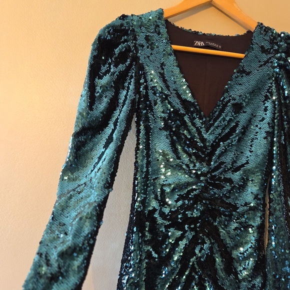 Zara Green Sequin Puff Sleeve Draped Bodycon Mini Long Sleeve Ruched Size XS - Picture 8 of 16